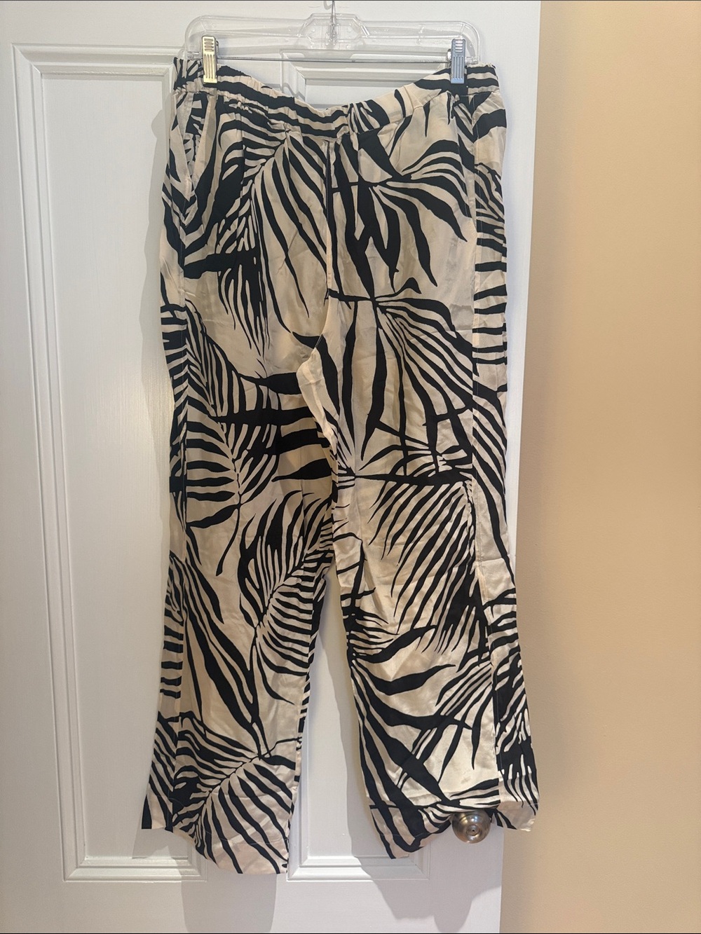AYR Wide Leg Pants in Black and Cream Leaf Print